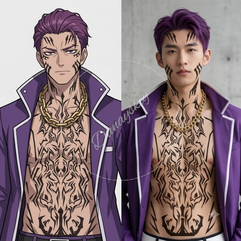 Anime Cosplay Face - マティアス・リカルド ブラックトライバルパターン フェイス＆ネック＆チェスト用一時的なタトゥーシート コスプレ用 リンバスコンパニー ゲーム用コスプレ