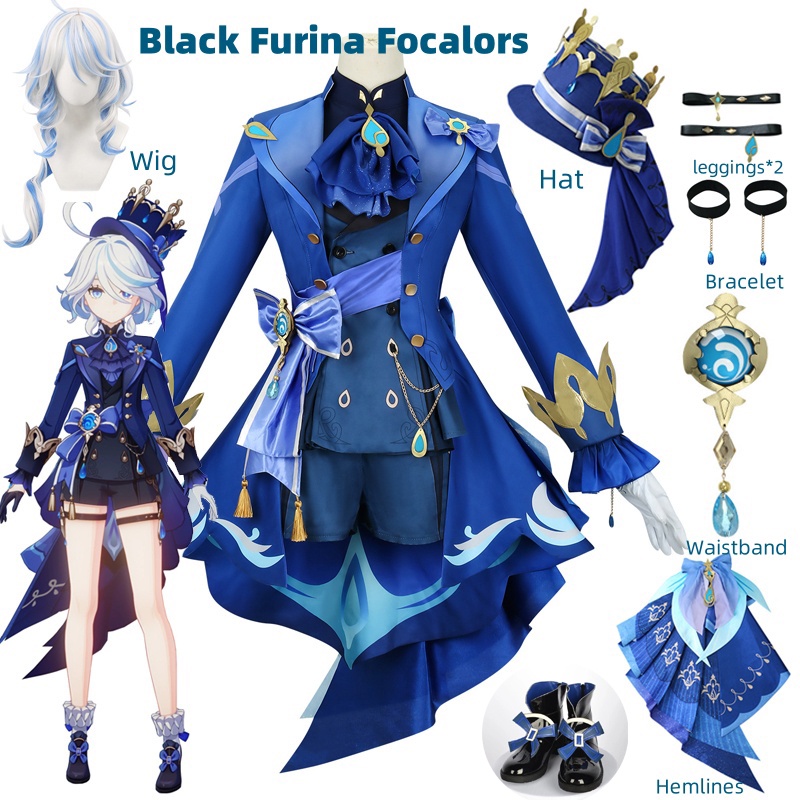 Anime Cosplay Yor - Furina コスプレ衣装ウィッグヘアインパクトフォンテーヌ Focalors 帽子黒スーツハイヒールコスプレ靴女性のための衣装