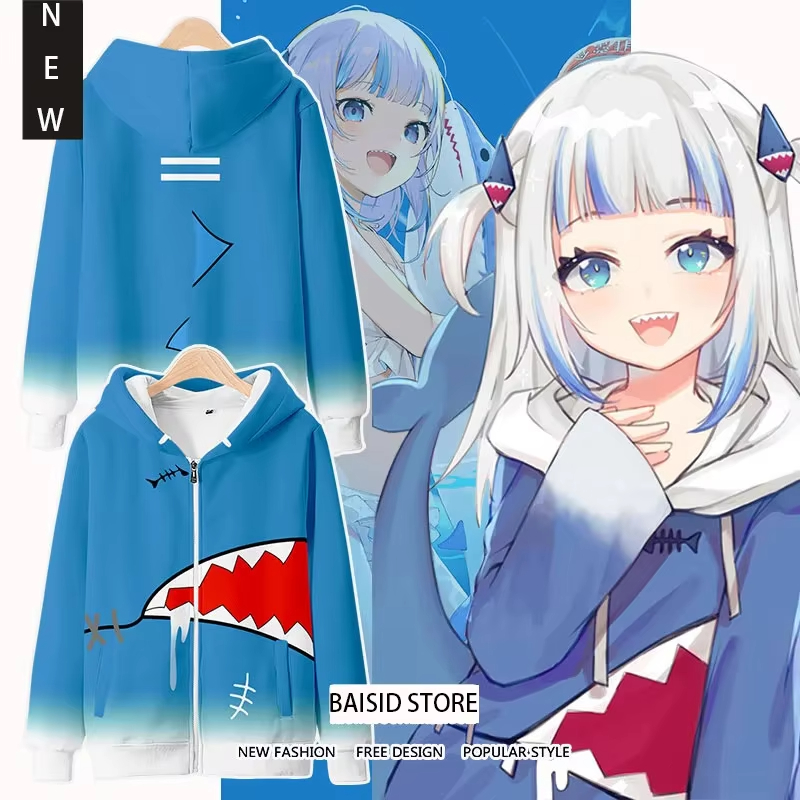 Anime Cosplay Shop - アニメ Gawr Gura コスプレ 3D 印刷パーカー男性女性ストリート特大スウェットジッパーパーカー男性トラックスーツ男服