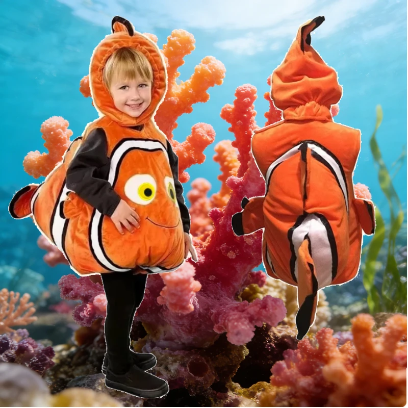 Anime Cosplay Toddler - 幼児用カクレクマノミコスチュームセット | かわいい3D魚の形をしたフード付きロンパース、赤ちゃん用、ハロウィーンのコスプレやホリデーパフォーマンスに最適です。