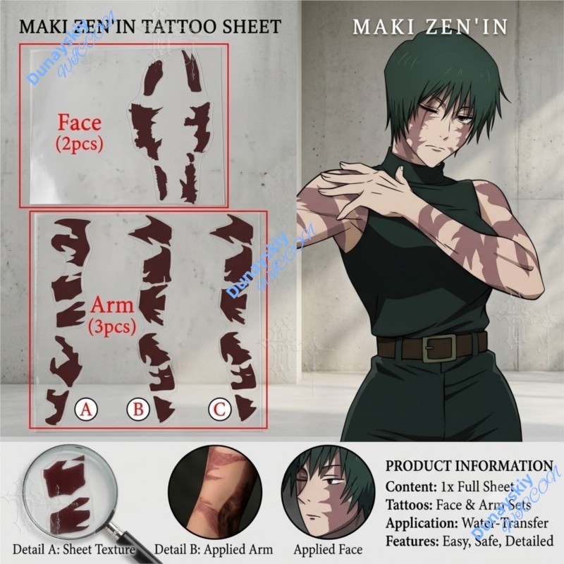 アニメ呪術廻戦禪院マキ一時的なタトゥーデカール使い捨てボディ - Anime Cosplay Face のレビューと価格